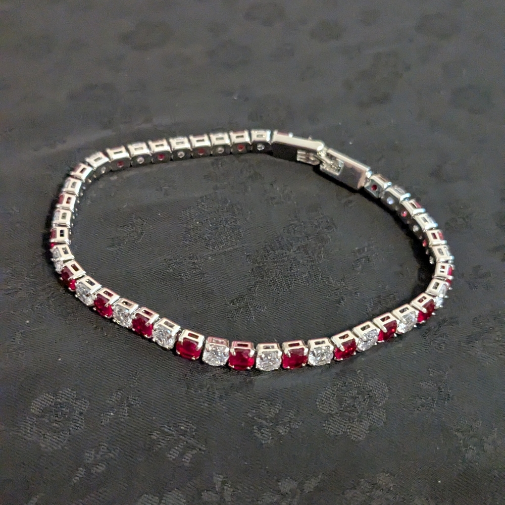 Elegant Red and White CZ Silver Tone Tennis Bracelet 7" - Picture 2 of 7